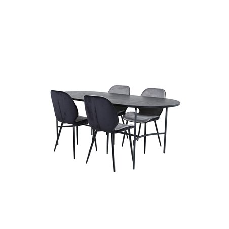 Skate Oval Dining Table - Black / Black Veneer+Emma Chair - Black / Black and Light Grey Black Velvet in Back Grey Velvet in fro