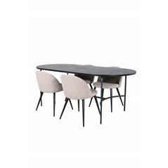 Skate Oval Dining Table - Black / Black Veneer+Velvet Stitches Chair - Black / Beige Fabric (Polyester linen )_4