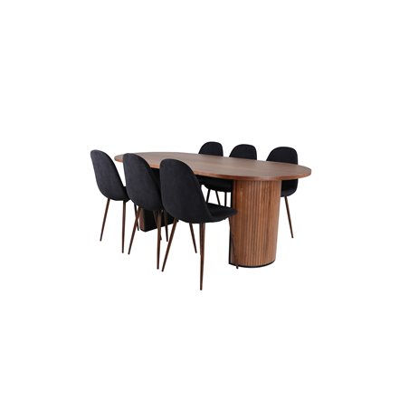 Bianca ovalt spisebord, valnøddesort finer + Polar spisestuestol, valnøddeben, sort stof_6