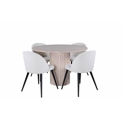 Bianca Round Dining Table , White Wash Black Veneer+Velvet Dining Chair Corduroy , Beige Black_4