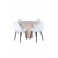 Bianca Round Dining Table , White Wash Black Veneer+Polar Fluff Dining Chair , Black Legs , White Teddy _4