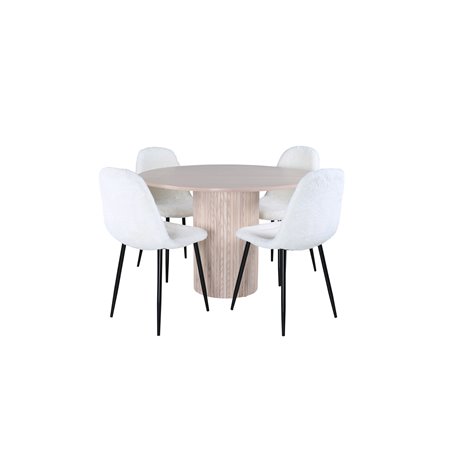 Bianca Round Dining Table , White Wash Black Veneer+Polar Fluff Dining Chair , Black Legs , White Teddy _4