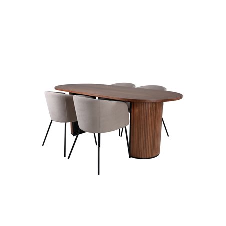 Bianca Oval Dining Table , Walnut Black Veneer+Berit Chair , Black Beige Fabric (Polyester linen )_4