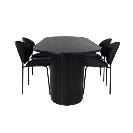 Bianca Ovalt spisebord, sort sort finer + hvælving spisestuestol, sorte ben, sort stof_4