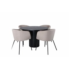 Bianca Round Dining Table , Black Black Veneer+Berit Chair , Black Beige Fabric (Polyester linen )_4