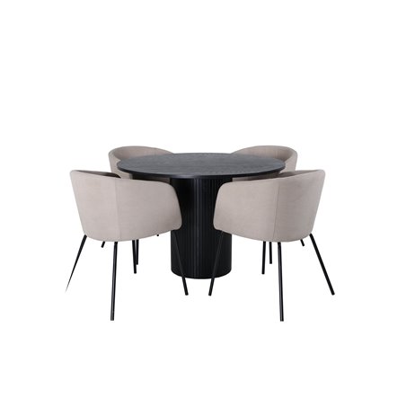 Bianca Round Dining Table , Black Black Veneer+Berit Chair , Black Beige Fabric (Polyester linen )_4