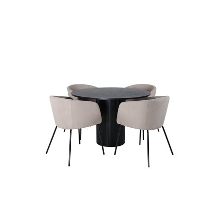 Bianca Round Dining Table , Black Black Veneer+Berit Chair , Black Beige Fabric (Polyester linen )_4