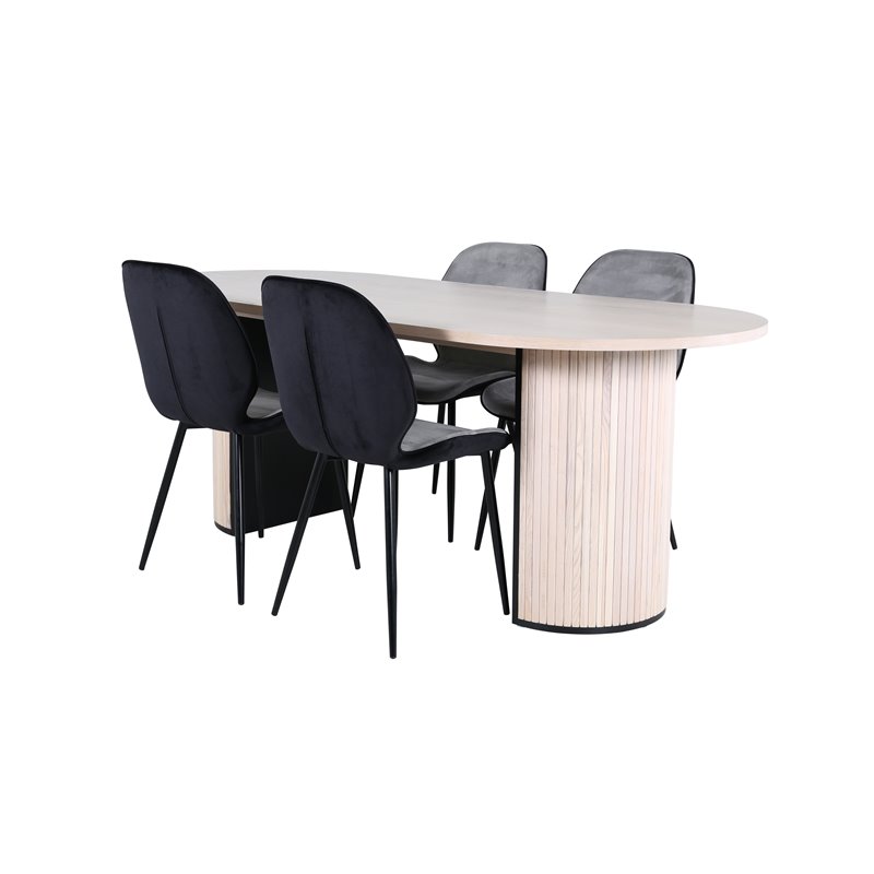 Bianca Oval Dining Table - White Wash / Black Veneer+Emma Chair - Black / Black and Light Grey Black Velvet in Back Grey Velvet 