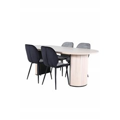 Bianca Oval Dining Table - White Wash / Black Veneer+Emma Chair - Black / Black and Light Grey Black Velvet in Back Grey Velvet 