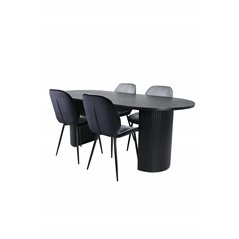 Bianca Oval Dining Table - Black / Black Veneer+Emma Chair - Black / Black and Light Grey Black Velvet in Back Grey Velvet in fr