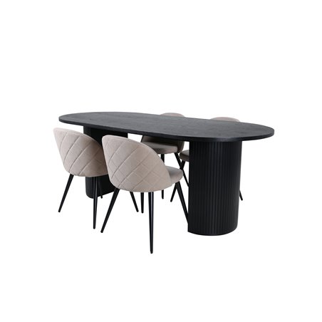 Bianca Oval Dining Table - Black / Black Veneer+Velvet Stitches Chair - Black / Beige Fabric (Polyester linen )_4