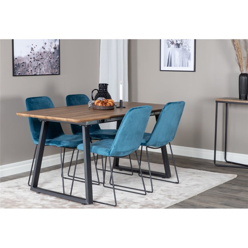 Inca Dining Table - 160/200*85*H75 - Oak / Black, Muce  Dining Chair - Black Legs - Blue  Velvet_4