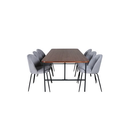Uno spisebord, sort valnøddefiner + rynker spisestuestol, sorte ben, grå fløjl_6