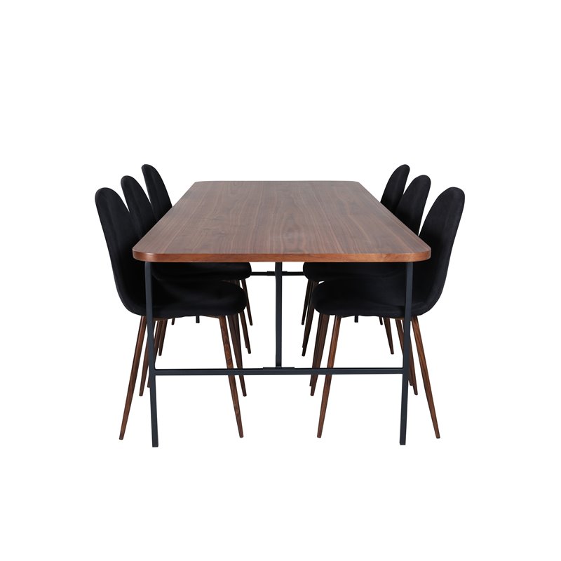 Uno spisebord, sort valnøddefiner + Polar spisestuestol, valnøddeben, sort stof_6