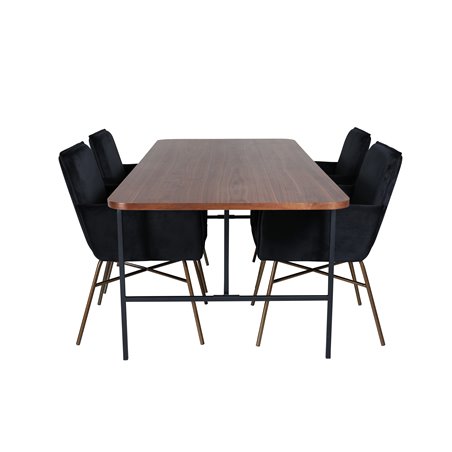 Uno spisebord, sort valnøddefiner + Pippi stol, distressed kobber, sort fløjl_4
