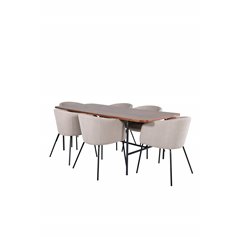 Uno spisebord - sort / valnød finer + Berit stol - sort / beige stof (polyester hør) _6