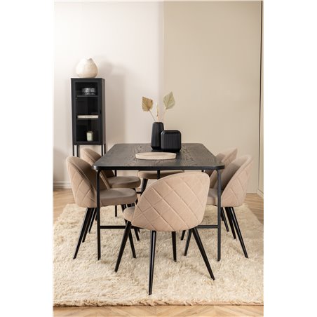 Uno Dining Table - Black / Black Veneer+Velvet Stitches Chair - Black / Beige Fabric (Polyester linen )_6