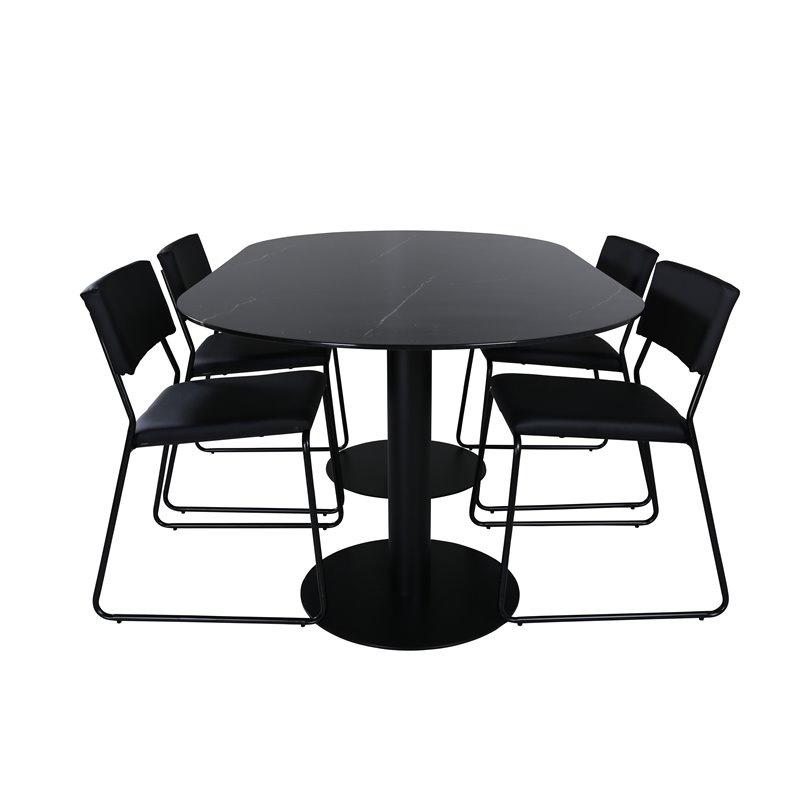 Pillan Ovalt spisebord, sort sort glasmarmor + Kenth stol, sort sort PU_4