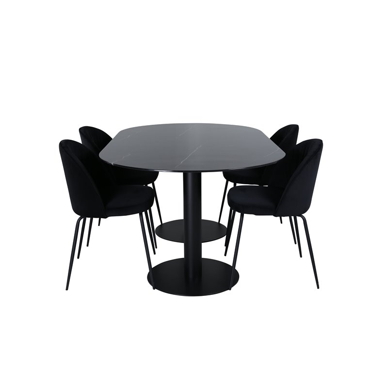 Pillan Oval Dining Table , Black Black Glass Marble+Wrinkles Dining Chair , Black Legs , Black Velvet_4