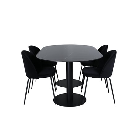 Pillan Ovalt spisebord, sort sort glasmarmor + rynker spisestuestol, sorte ben, sort fløjl_4