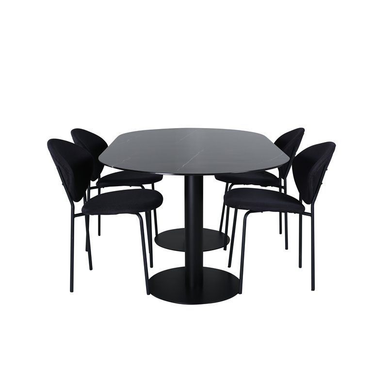 Pillan Oval ruokapöytä, musta musta lasimarmori + holvi ruokatuoli, mustat jalat, musta kangas_4
