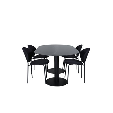 Pillan Oval Dining Table , Black Black Glass Marble+Vault Dining Chair , Black Legs , Black Fabric_4