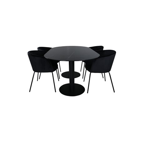 Pillan Oval ruokapöytä, musta musta lasimarmori + Berit tuoli, musta musta sametti_4