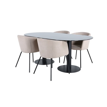 Pillan Ovalt spisebord, sort sort glasmarmor + Berit stol, sort beige stof (polyesterlinned) _4