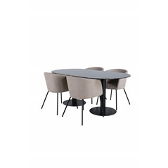 Pillan Oval Dining Table , Black Black Glass Marble+Berit Chair , Black Beige Fabric (Polyester linen )_4