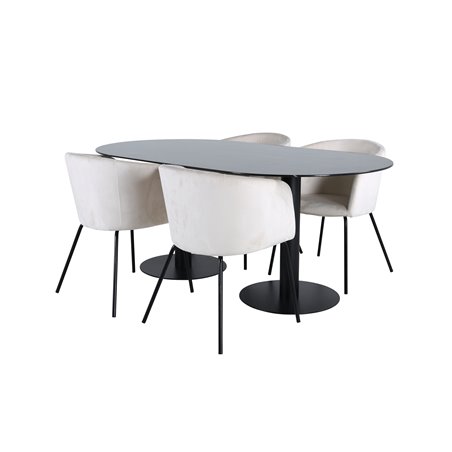 Pillan Ovalt spisebord, sort sort glasmarmor + Berit stol, sort beige fløjl_4