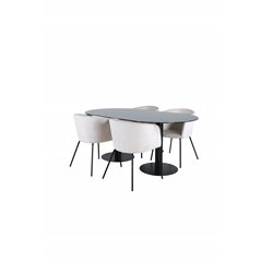 Pillan Ovalt spisebord, sort sort glasmarmor + Berit stol, sort beige fløjl_4