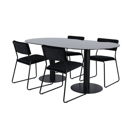 Pillan Oval ruokapöytä, musta musta lasimarmori + Kenth tuoli, musta musta sametti_4