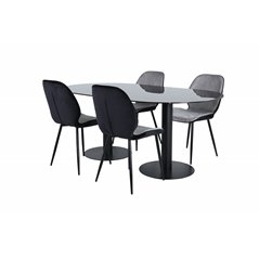 Pillan Oval Dining Table , Black Black Glass Marble+Emma Chair , Black Black and Light Grey Black Velvet in Back Grey Velvet in 