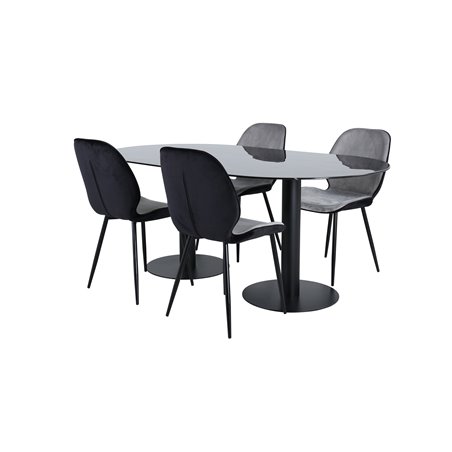 Pillan Ovalt spisebord, sort sort glasmarmor + Emma stol, sort sort og lysegrå sort fløjl i ryg Grå fløjl i