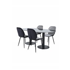 Pillan Oval Dining Table , Black Black Glass Marble+Emma Chair , Black Black and Light Grey Black Velvet in Back Grey Velvet in 