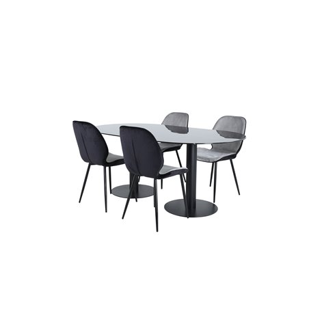 Pillan Oval ruokapöytä, musta musta lasimarmori + Emma-tuoli, musta musta ja vaaleanharmaa musta sametti takana Harmaa samettia