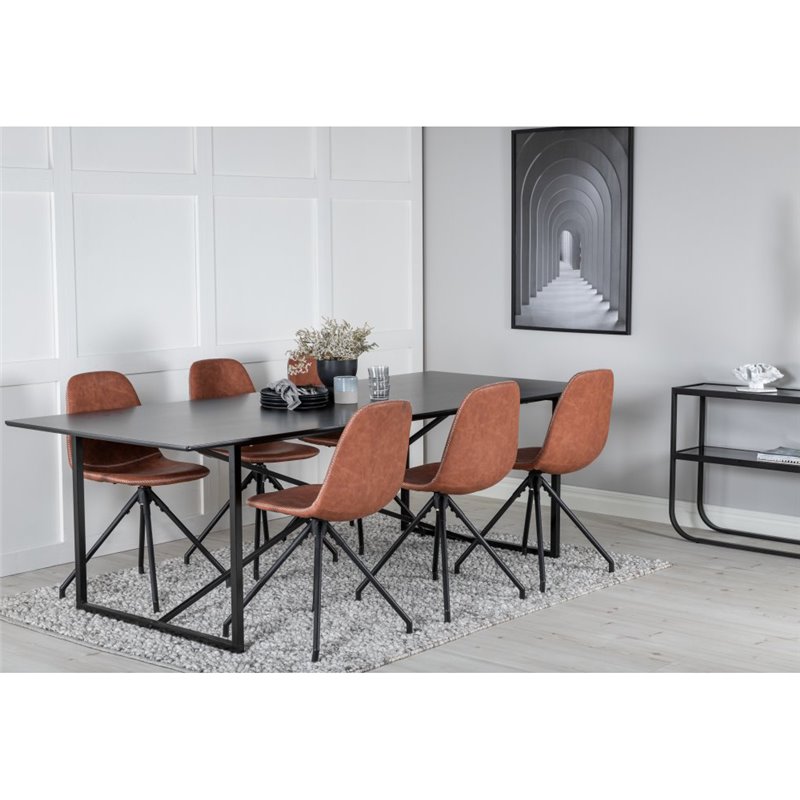 Palace Dining Table - 240*100*H75 - Black / Black, Polar Dining Chair with Spin function - black Legs - Brown PU - White Stitche