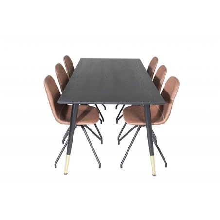 Dipp Dining Table - 180*90cm - Black / Black Brass, Polar Dining Chair with Spin function - black Legs - Brown PU - White Stitch