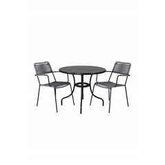 Nicke Dining Table - Black Steel - ø90cm, Lindos Armchair - Black Alu / Grey Rope