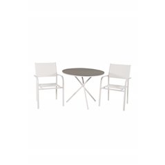Parma Café Table ø90, valkoinen/harmaa SanTorini Arm Chair (Valkoinen alu/valkoinen tekstiili)