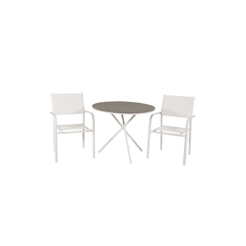 Parma Café Table ø90, valkoinen/harmaa SanTorini Arm Chair (Valkoinen alu/valkoinen tekstiili)