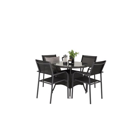Volta Table 90 - Black/Glass SanTorini Arm Chair Black Alu/Black Textilene (käytetty)
