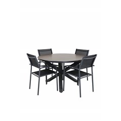 Llama Round Dining Table 120 - Black Alu / Brown HPL, Santorini Arm Chair (Stackable) - Black alu / Black Textilene_4
