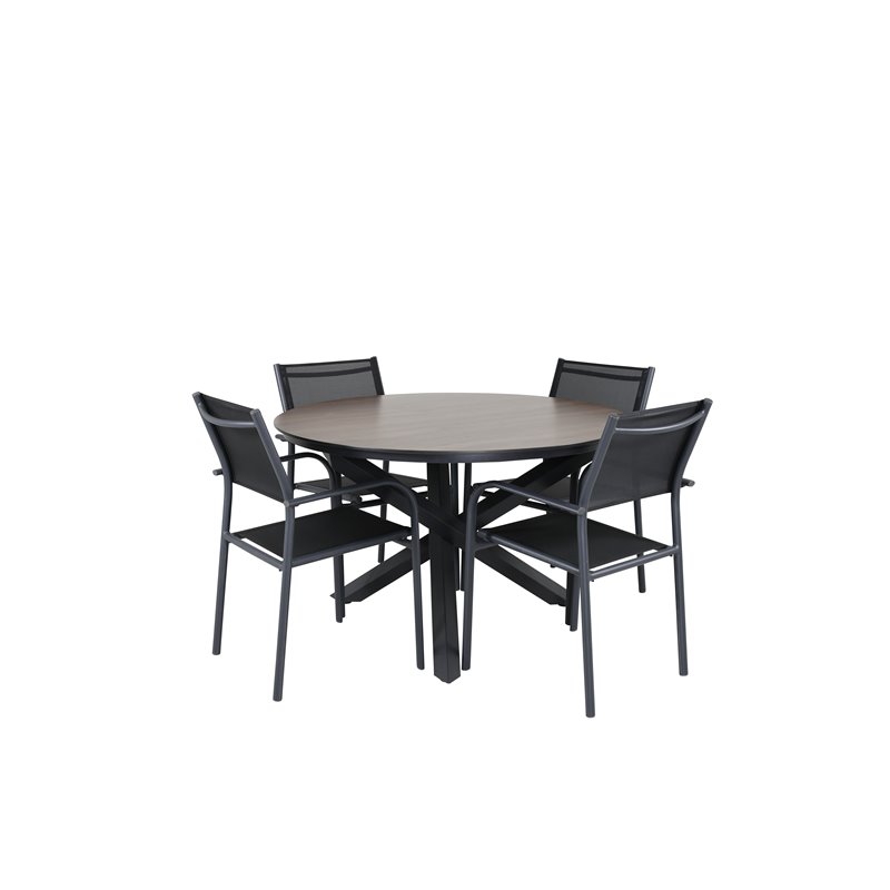 Llama Round Dining Table 120 Black Alu / Brown HPL SanTorini Arm Chair Black Alu/Black Textilene (käytetty)