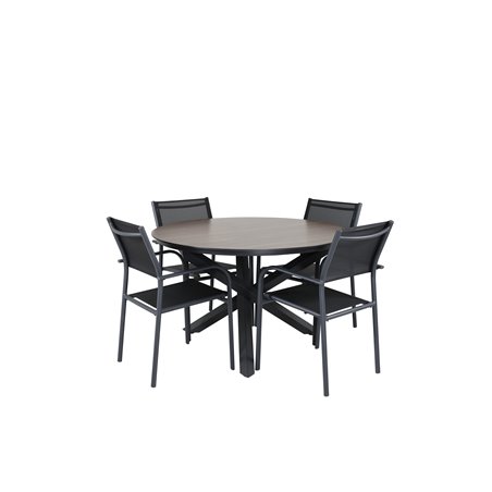 Llama Round Dining Table 120 - Black Alu / Brown HPL, Santorini Arm Chair (Stackable) - Black alu / Black Textilene_4