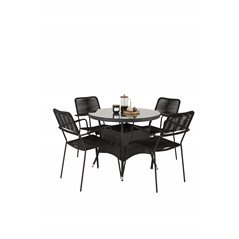 Volta Table ø 90 - Black/Glass, Lindos Armchair - Black Alu / Black Rope