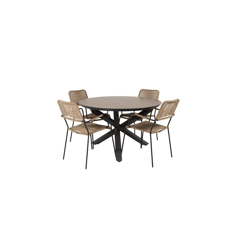 Llama Round Dining Table 120 - Black Alu / Brown HPL, Lindos - Armchair - Black Alu / Latte Rope