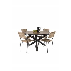 Llama Round Dining Table 120 - Black Alu / Brown HPL, Lindos - Armchair - Black Alu / Latte Rope