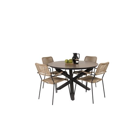 Llama Round Dining Table 120 - Black Alu / Brown HPL, Lindos - Armchair - Black Alu / Latte Rope