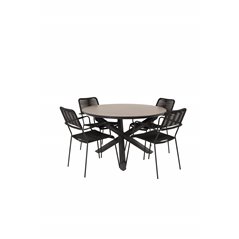 Llama Round Dining Table 120 - Black Alu/Brown HPL, Lindos Armchair - Black Alu/Black Rope